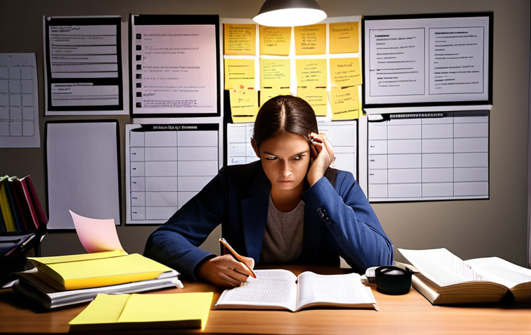 **
A determined student surrounded by textbooks, exam papers, and digital devices, illuminated by a desk lamp. Mind maps and sticky notes cover the walls, visualizing key business concepts like finance, marketing, and HR. The atmosphere is focused and studious, reflecting the dedication required to prepare for a challenging management consultant exam.
**