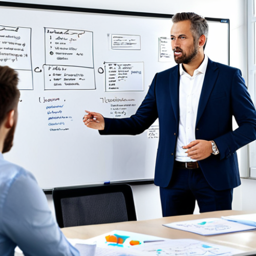 **

"A business consultant in a fully clothed, professional business suit, meeting with a team in a brightly lit, modern office. Brainstorming session, whiteboard in the background with strategic planning notes. Perfect anatomy, correct proportions, natural pose, safe for work, appropriate content, professional, family-friendly, high-quality image."

**