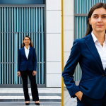 **

A professional businesswoman in a modest business suit, standing in front of the Telefónica building in Madrid, Spain. Fully clothed, appropriate attire, safe for work, perfect anatomy, natural proportions, professional photography, high quality.

**