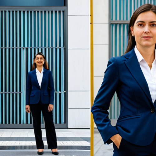 **

A professional businesswoman in a modest business suit, standing in front of the Telefónica building in Madrid, Spain. Fully clothed, appropriate attire, safe for work, perfect anatomy, natural proportions, professional photography, high quality.

**