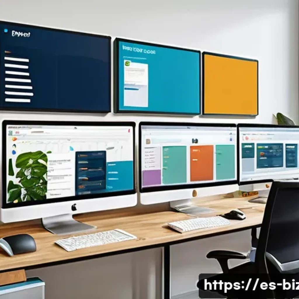 기업경영지도사 업무 도구 활용법 - A modern digital workspace showing a diverse team of professionals collaborating remotely via a larg...