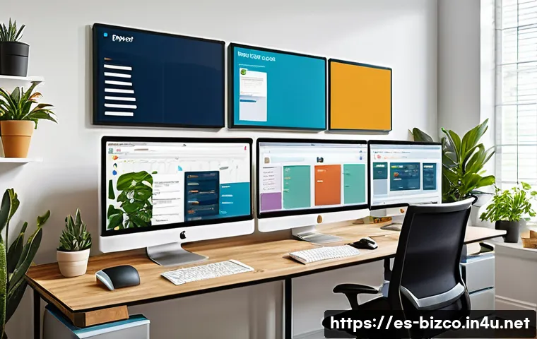 기업경영지도사 업무 도구 활용법 - A modern digital workspace showing a diverse team of professionals collaborating remotely via a larg...