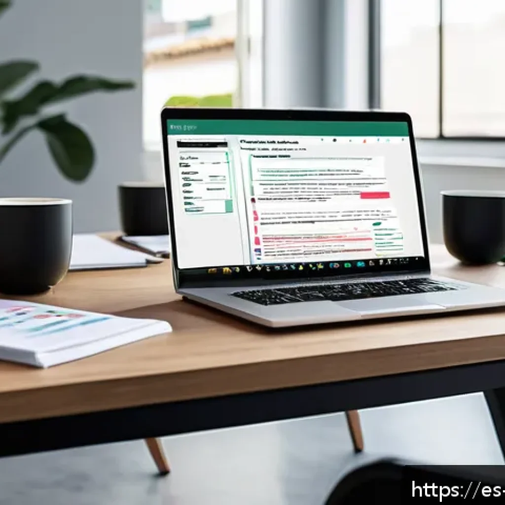 기업경영지도사로서 업무일지 작성 팁 - A modern office workspace featuring a sleek desk with a laptop displaying a well-organized daily rep...